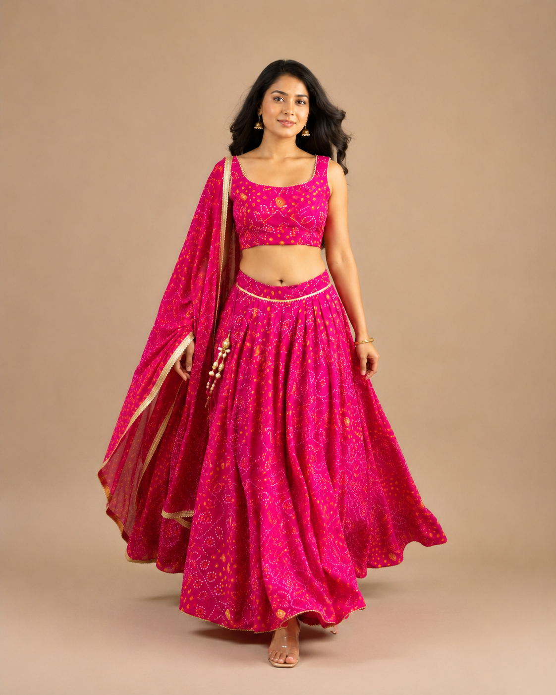 Rani Pink Bandhani Print Chaniya Choli with Dupatta