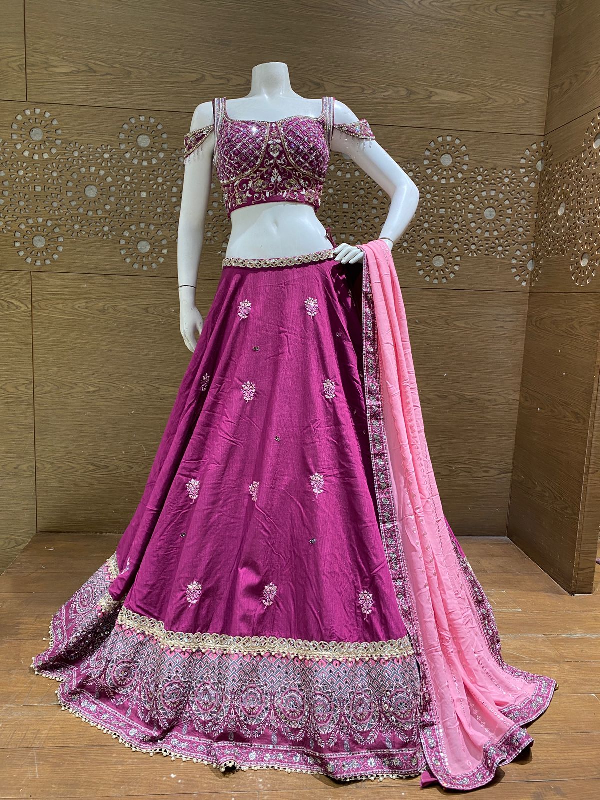 Rani Pink Embroidered Bridal Lehenga with Zari & Sequin Work