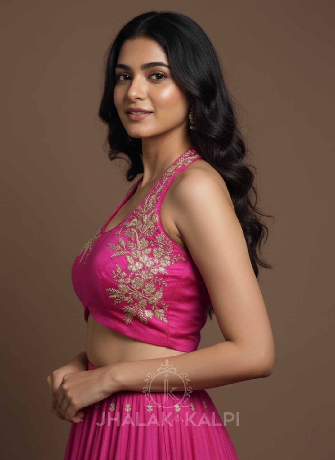 Rani Pink Embroidered Halter Neck Lehenga Choli for Festive & Wedding