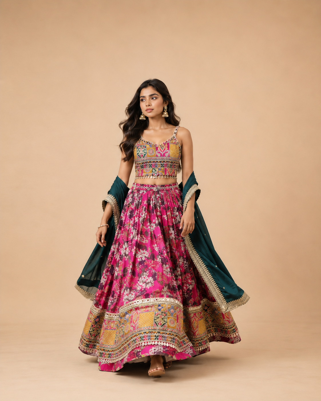Rani Pink Floral Printed Mirror Work Gujarati Chaniya Choli