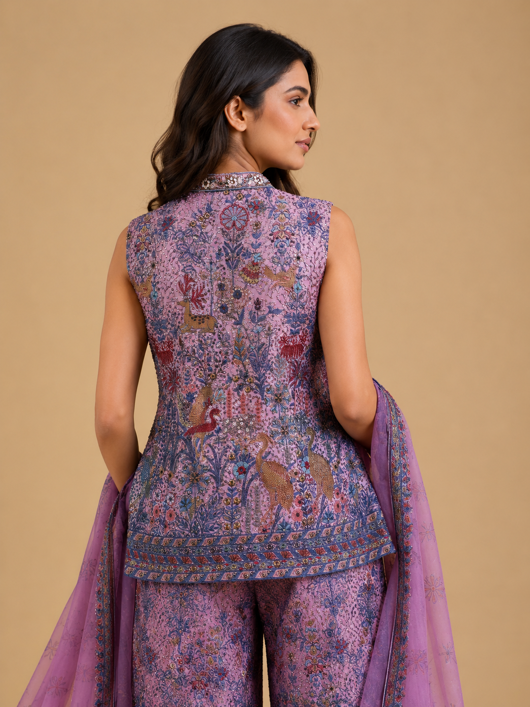 Rani Pink Hand Embroidered Indo Western Palazzo Set with Peacock & Floral Threadwork