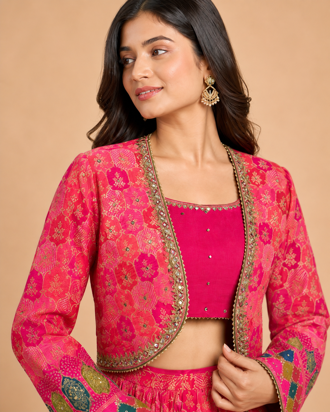 Rani Pink Multicolour Bandhani Printed Lehenga Choli with Embroidered Jacket