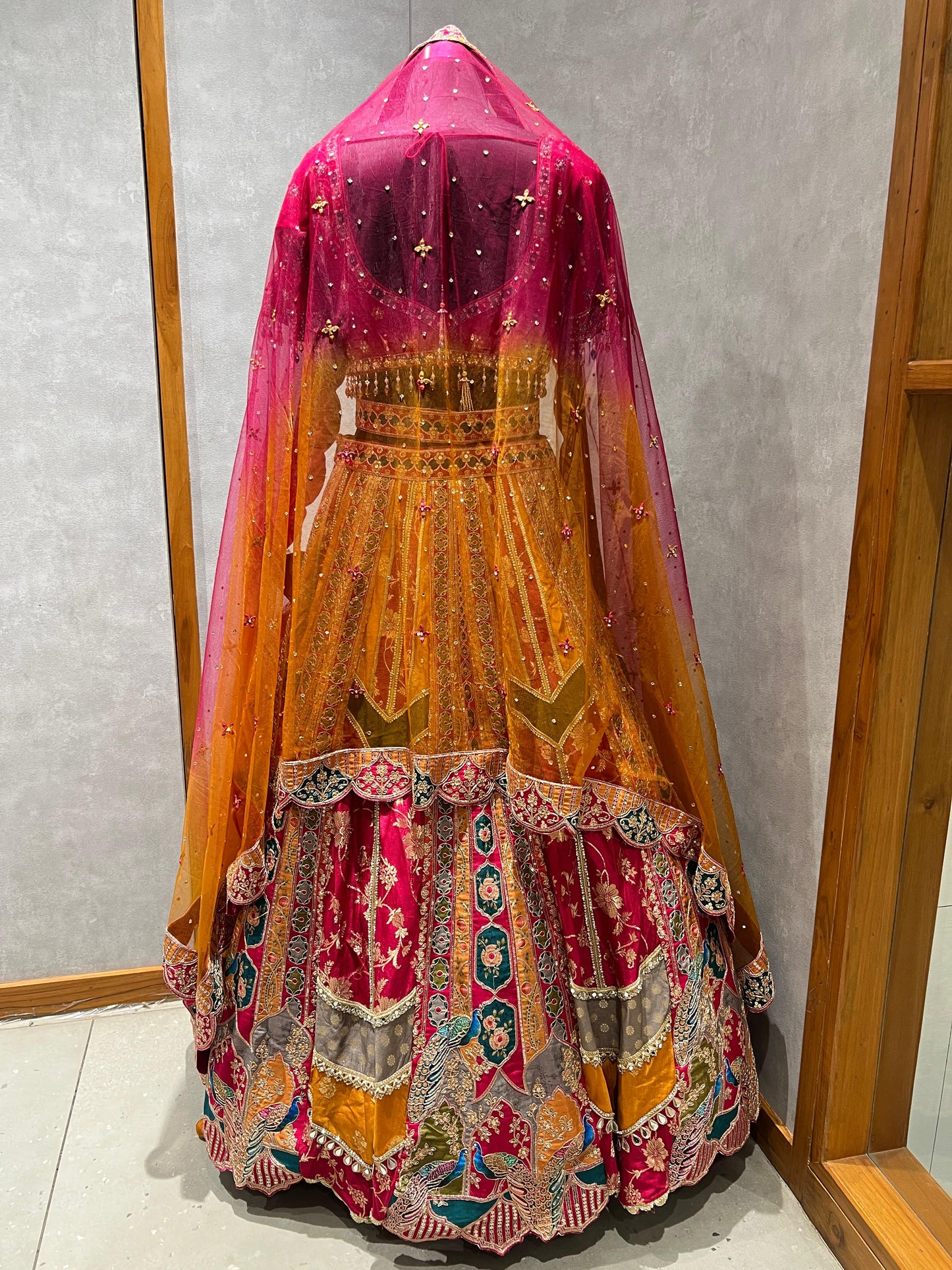 Rani Pink Multicolour Panelled Embroidered Lehenga with Mirrorwork Blouse & Dupatta