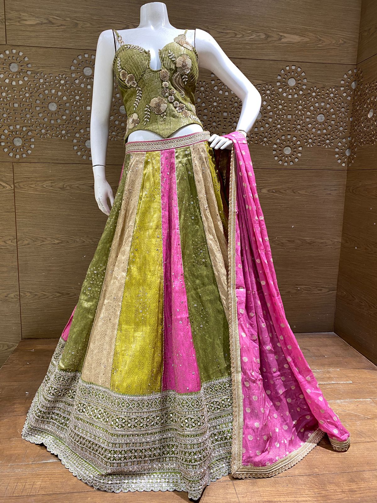 Rani Pink, Olive Green & Mustard Panelled Designer Lehenga Choli with Zari Embroidery