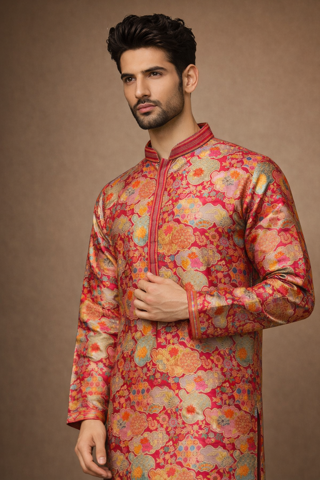 Rani Red Multicolor Floral Brocade Silk Kurta Set