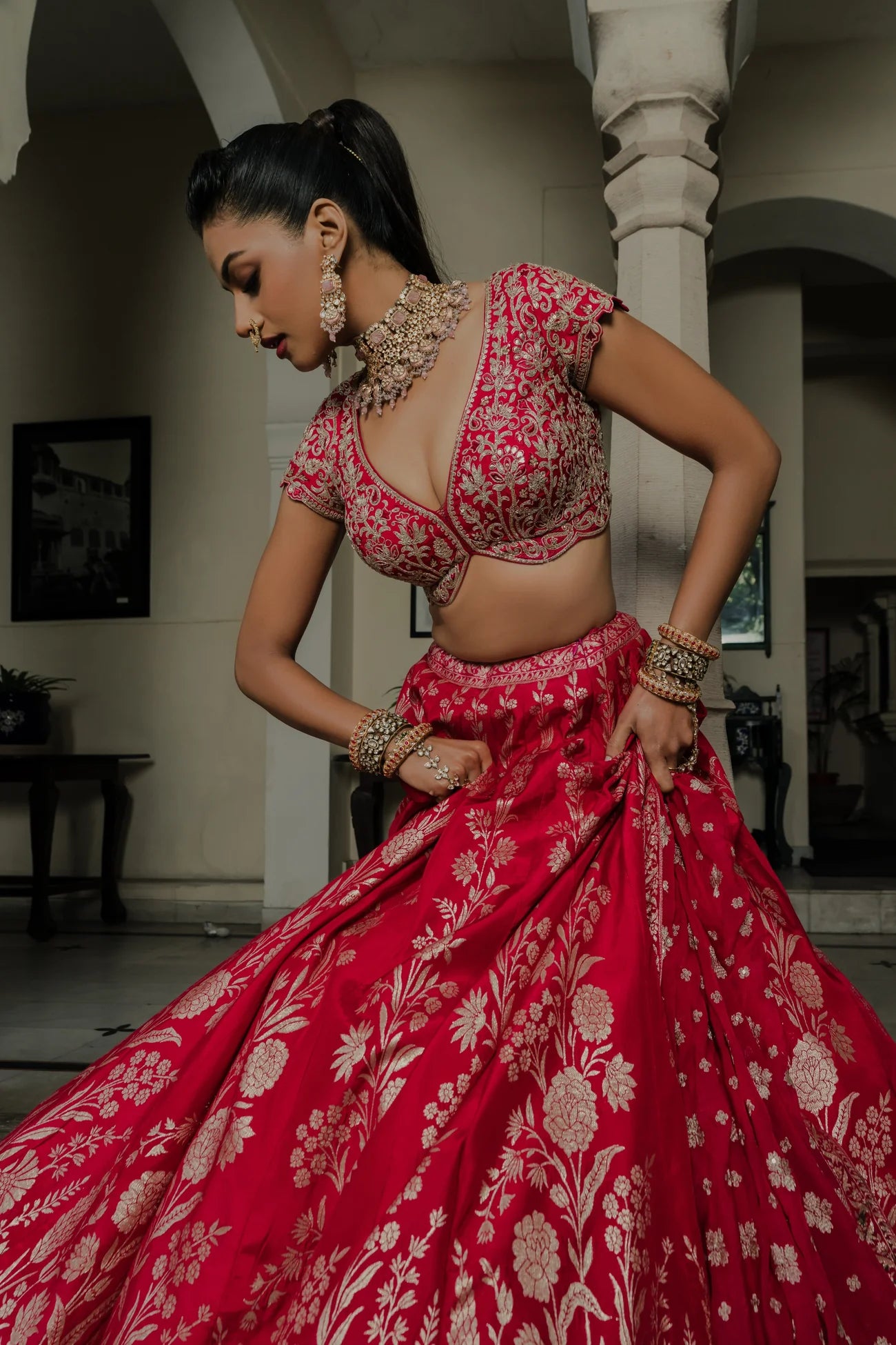 Rani Red Silk Lehenga Set with Silver Zari Embroidery