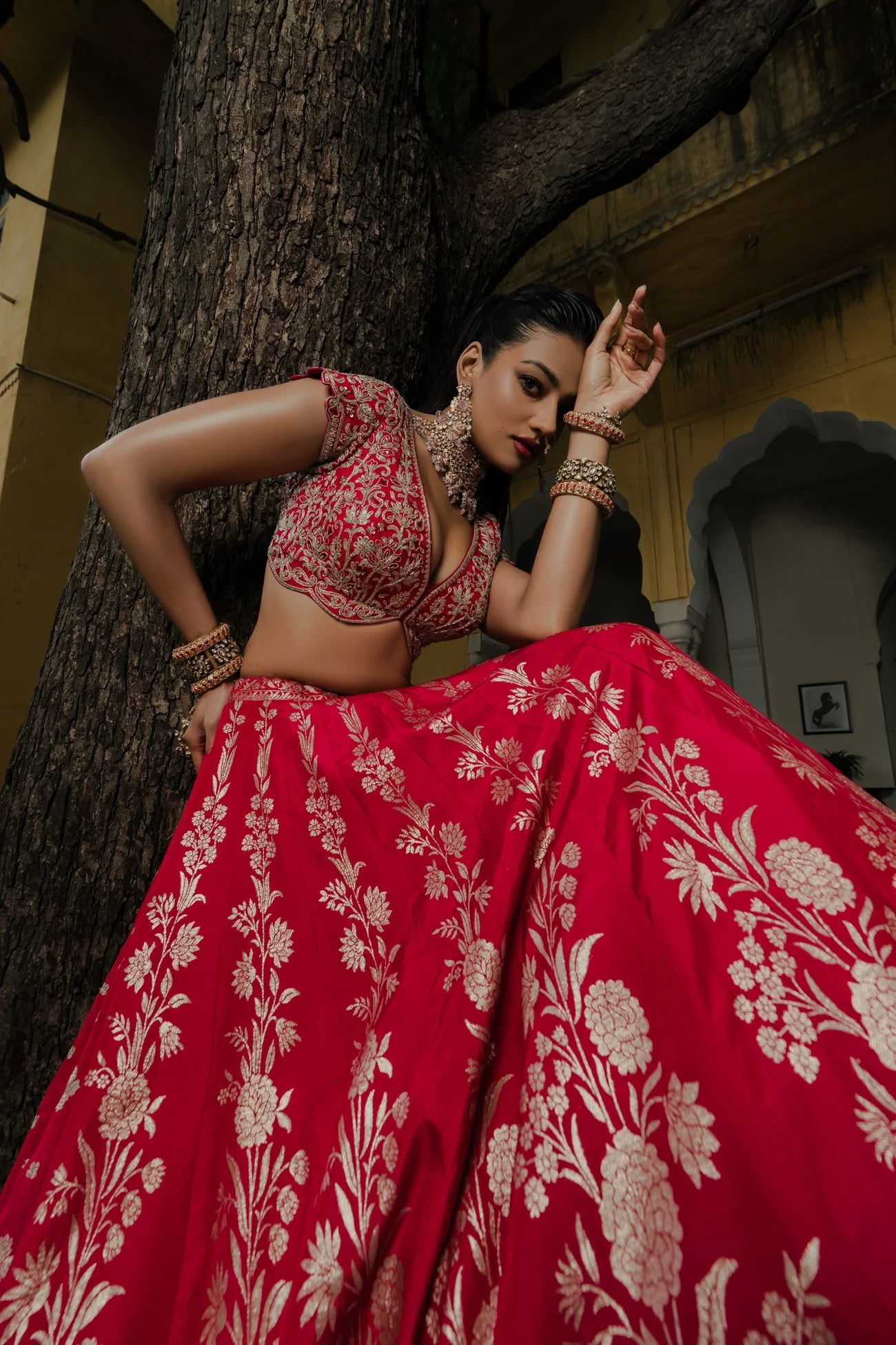 Rani Red Silk Lehenga Set with Silver Zari Embroidery