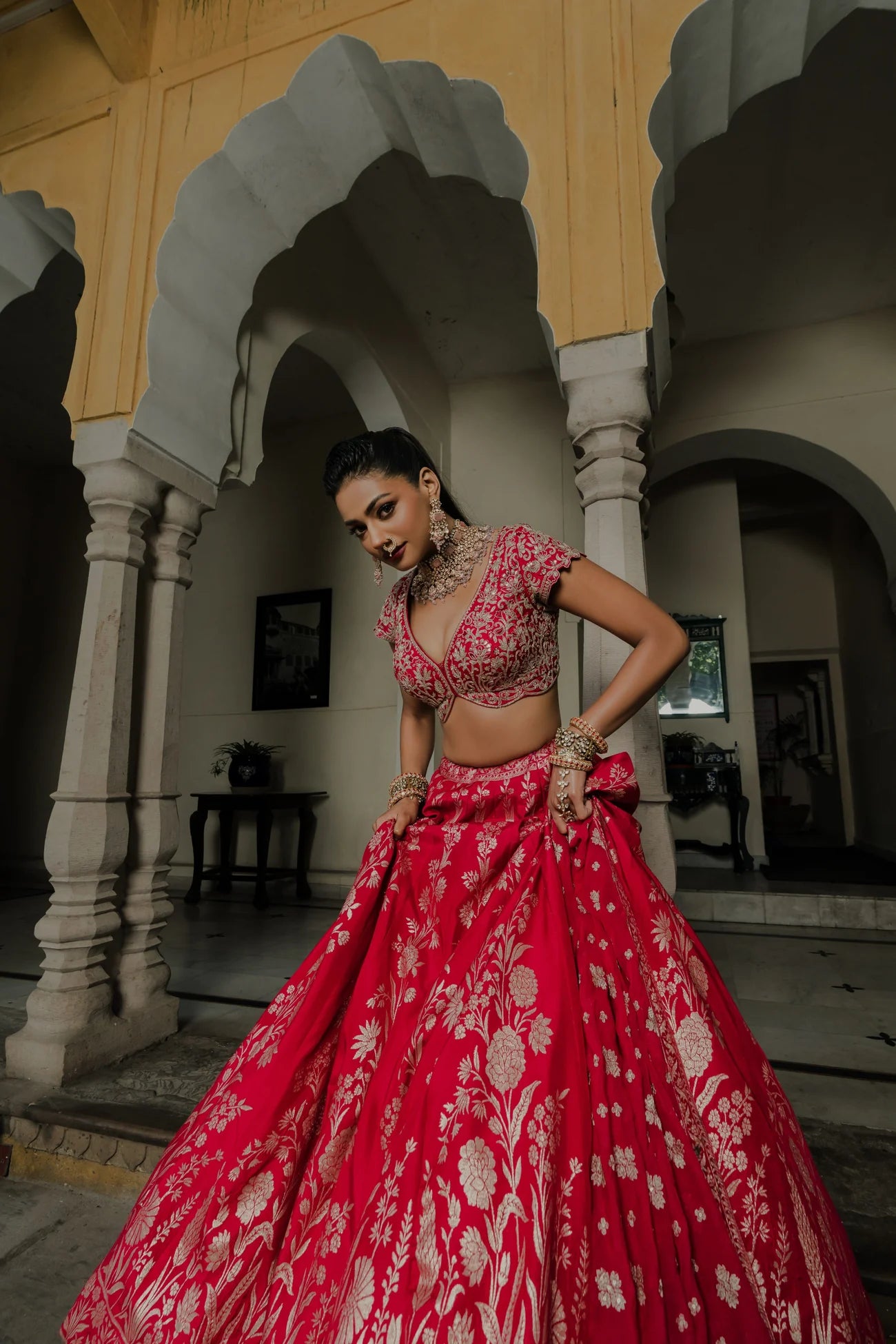 Rani Red Silk Lehenga Set with Silver Zari Embroidery