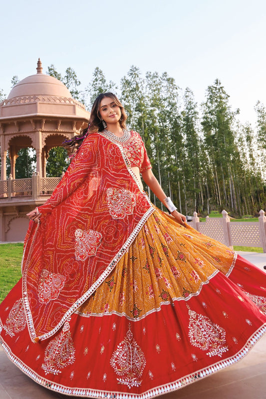 Rani Red and Mustard Yellow Gujarati Patola Print Navratri Chaniya Choli