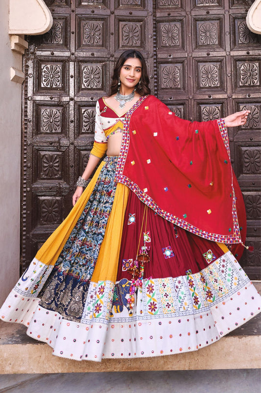 Red Dupatta Multicolor Navratri Chaniya Choli with Folk Embroidery & Elephant Borders