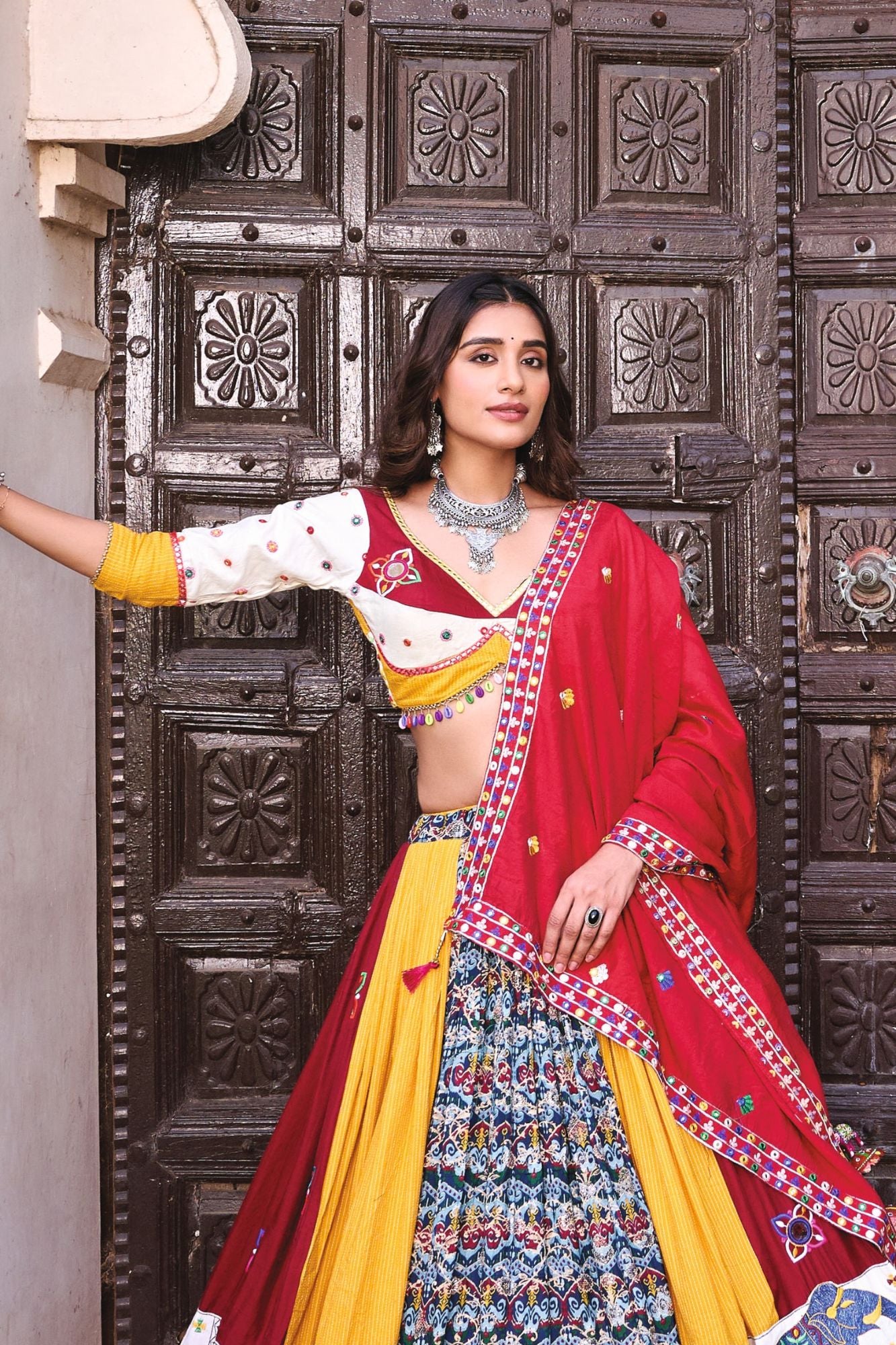 Red Dupatta Multicolor Navratri Chaniya Choli with Folk Embroidery & Elephant Borders