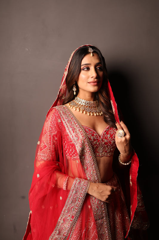 Red Embroidered Bridal Lehenga