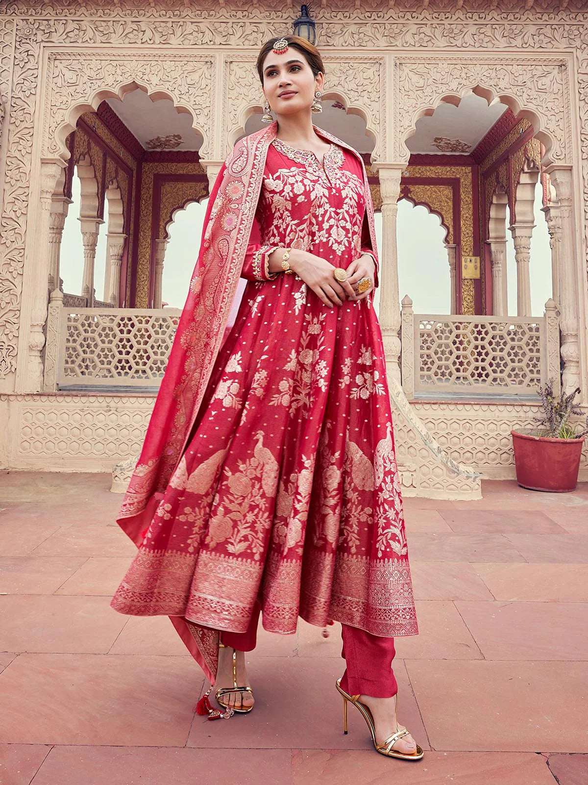 Red Organza Jacquard Anarkali Set