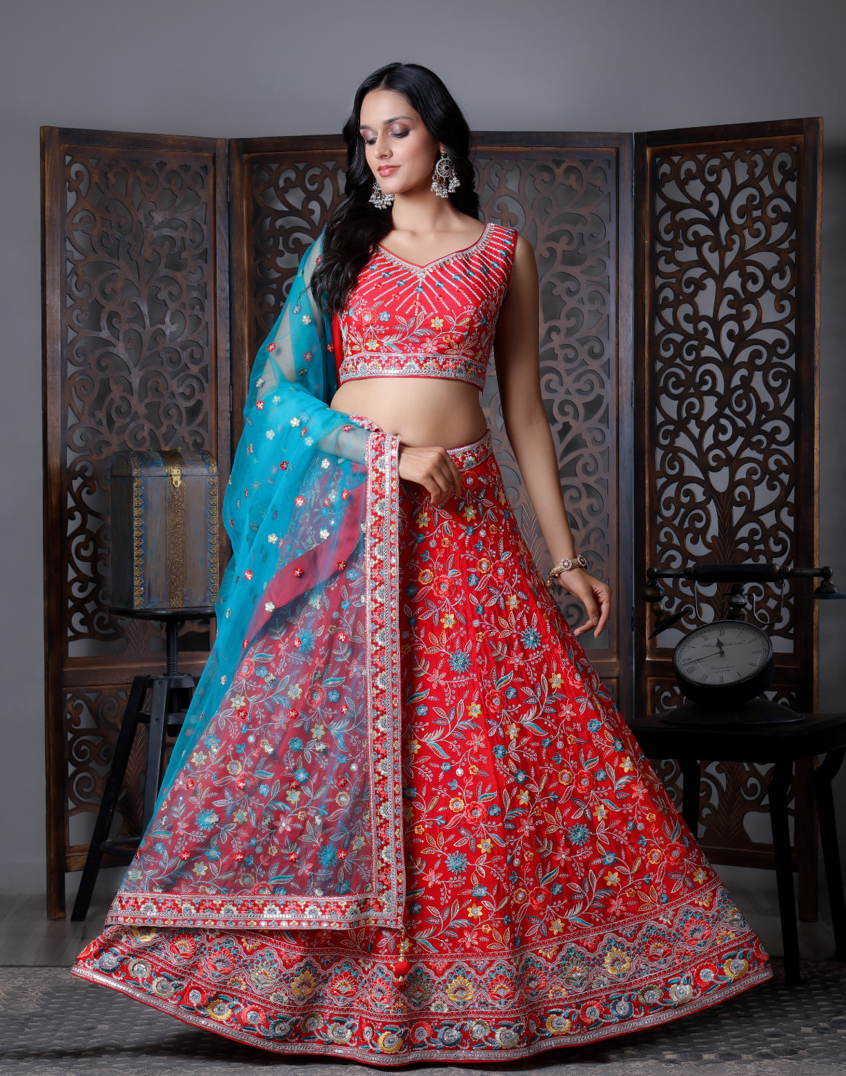 Red & Blue Flora Embroidered Lehenga Choli