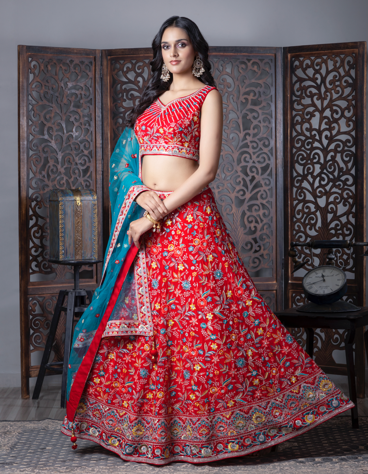 Red & Blue Flora Embroidered Lehenga Choli