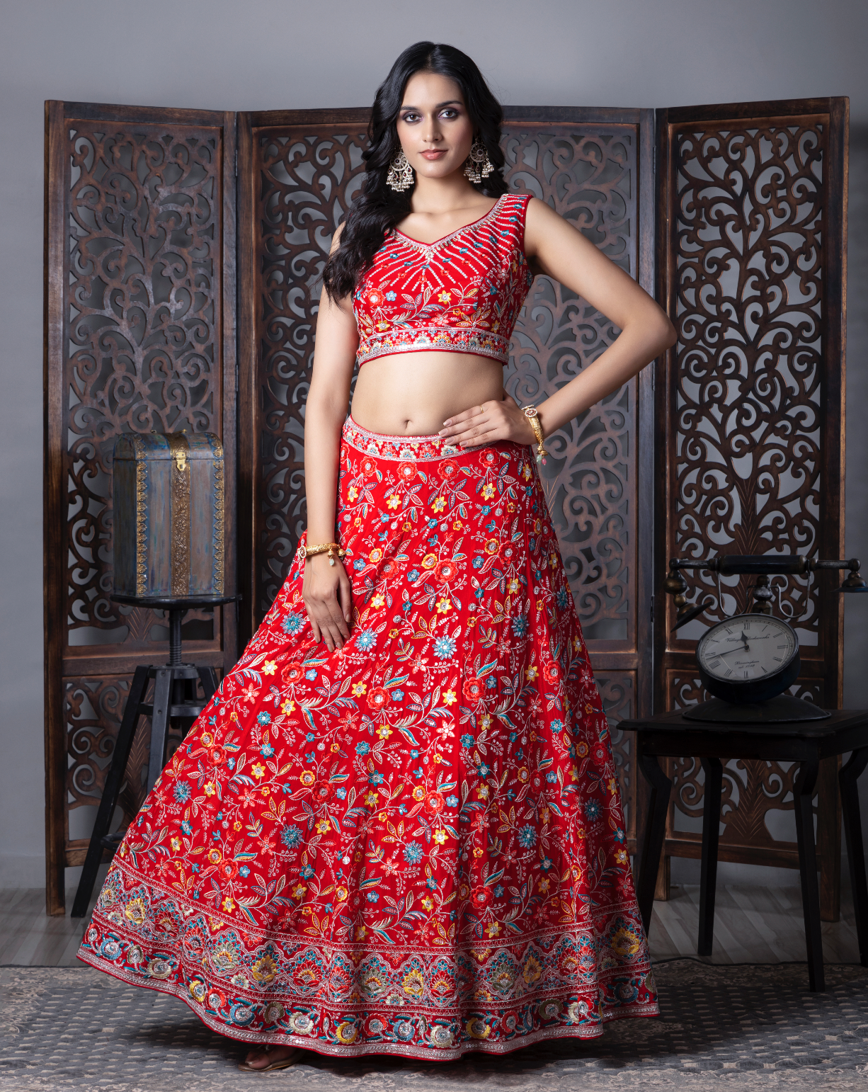 Red & Blue Flora Embroidered Lehenga Choli