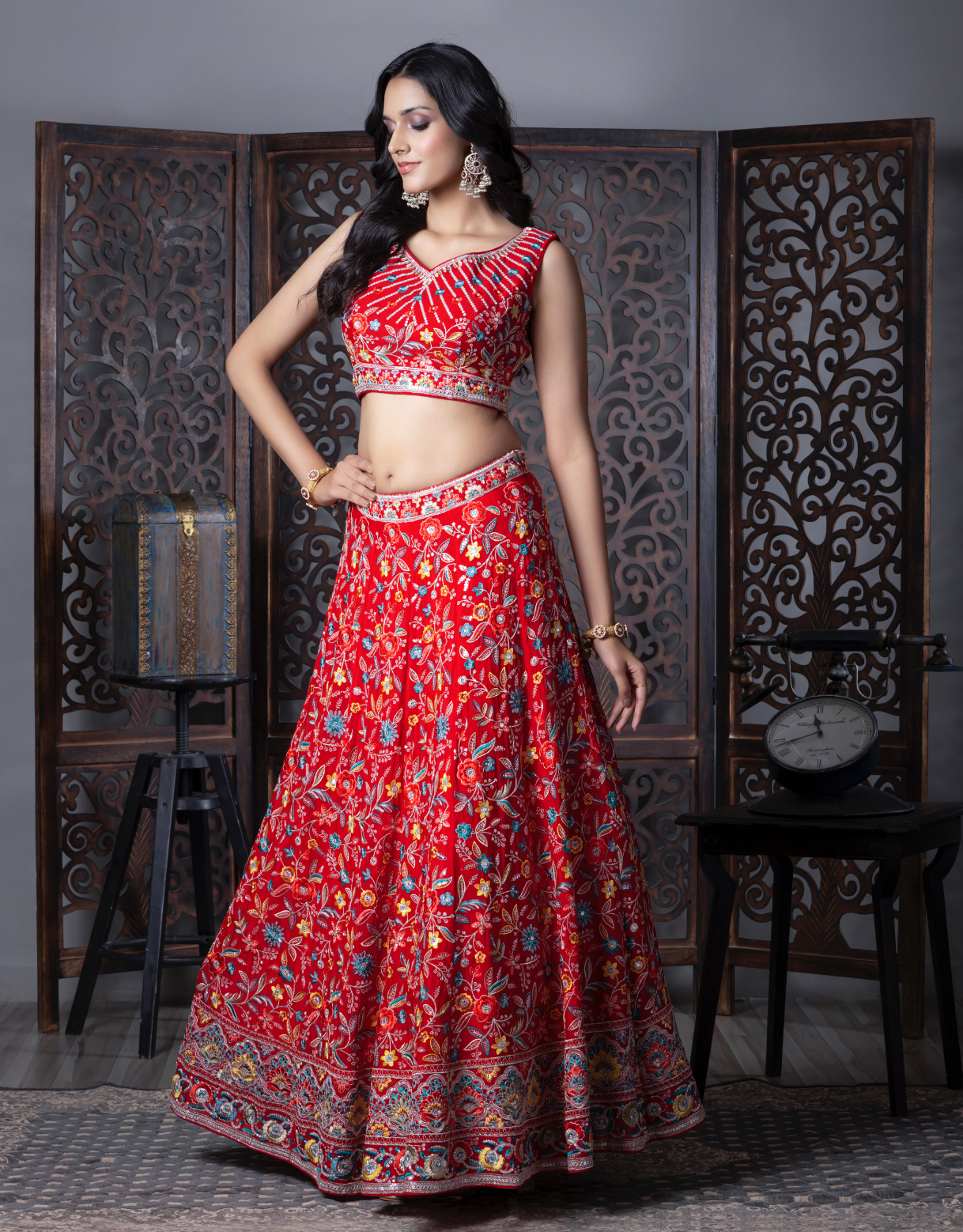 Red & Blue Flora Embroidered Lehenga Choli