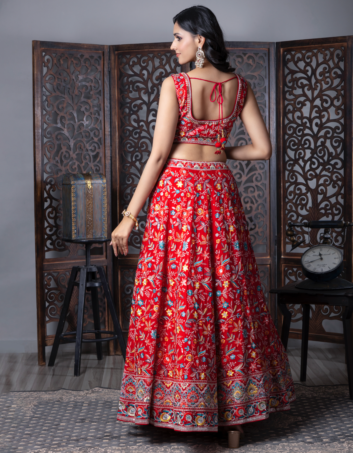 Red & Blue Flora Embroidered Lehenga Choli