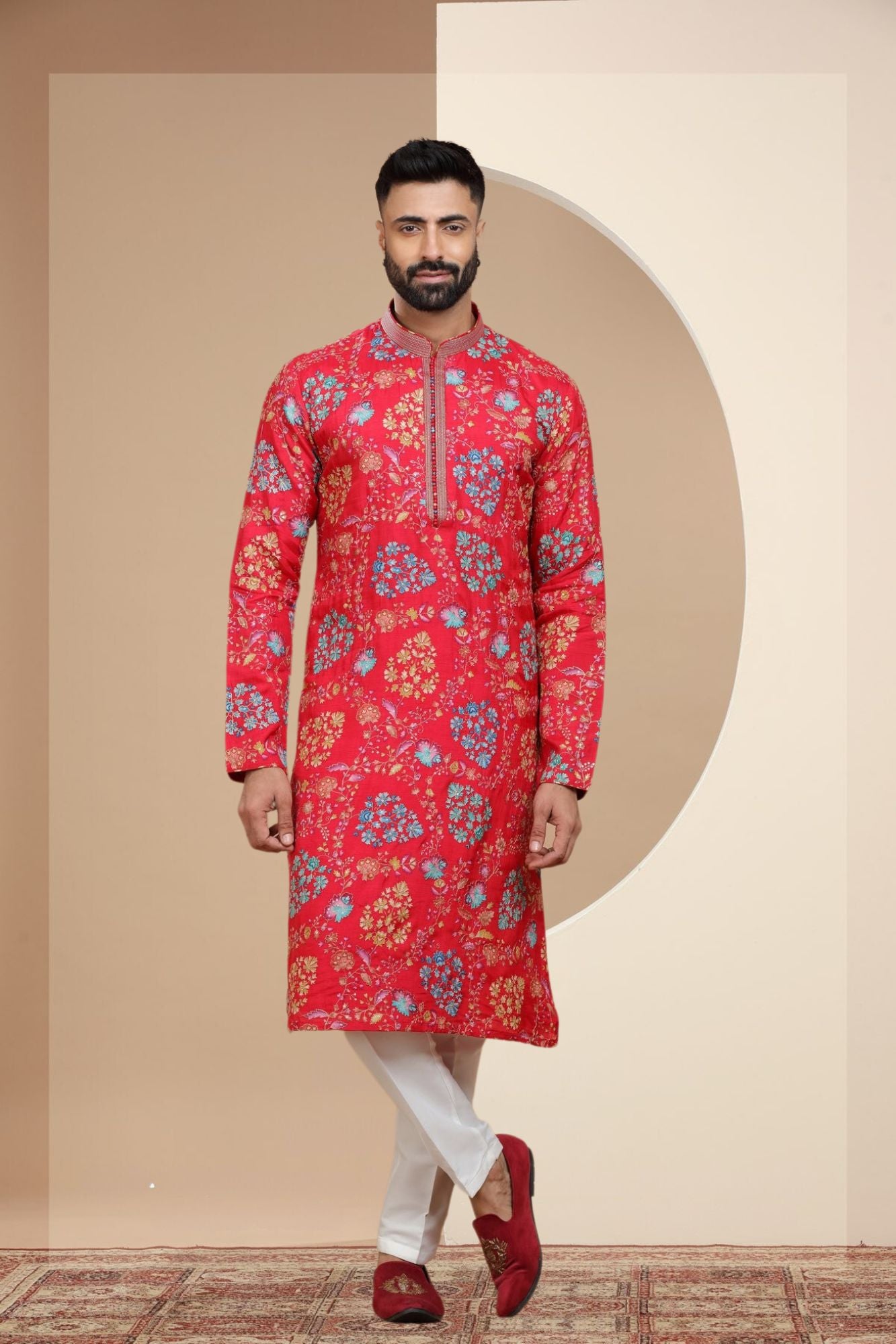 Red Flower Printed Kurta Set