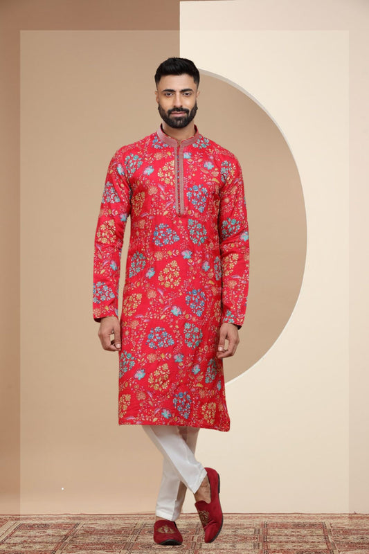 Red Flower Printed Kurta Set