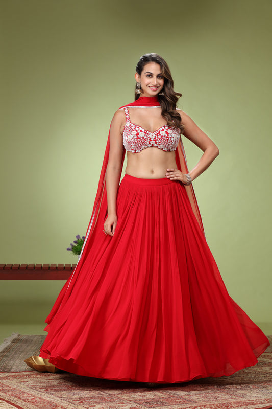 Red Lehenga Set With Floral Pearl Hand Embroidered Blouse