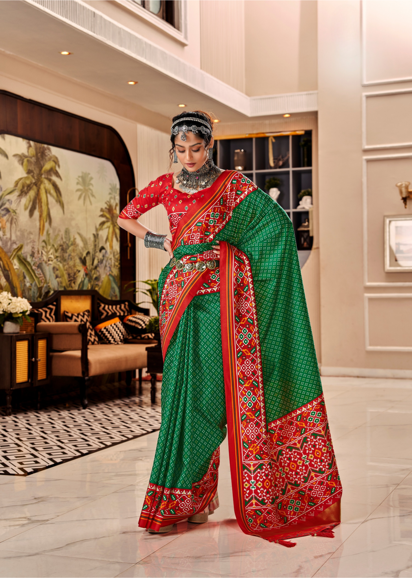 Red and Green Pure Tusser Patola Saree