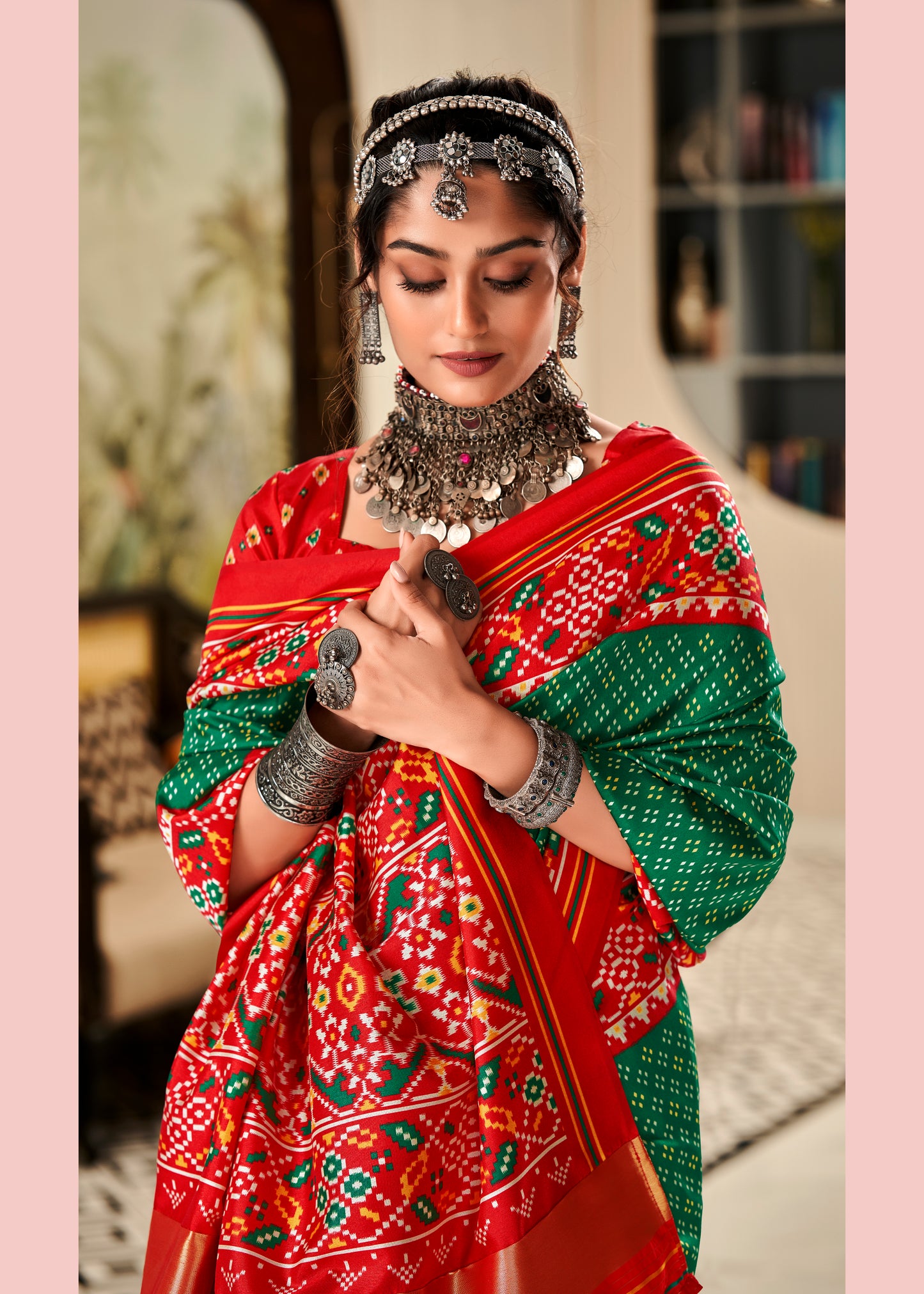 Red and Green Pure Tusser Patola Saree