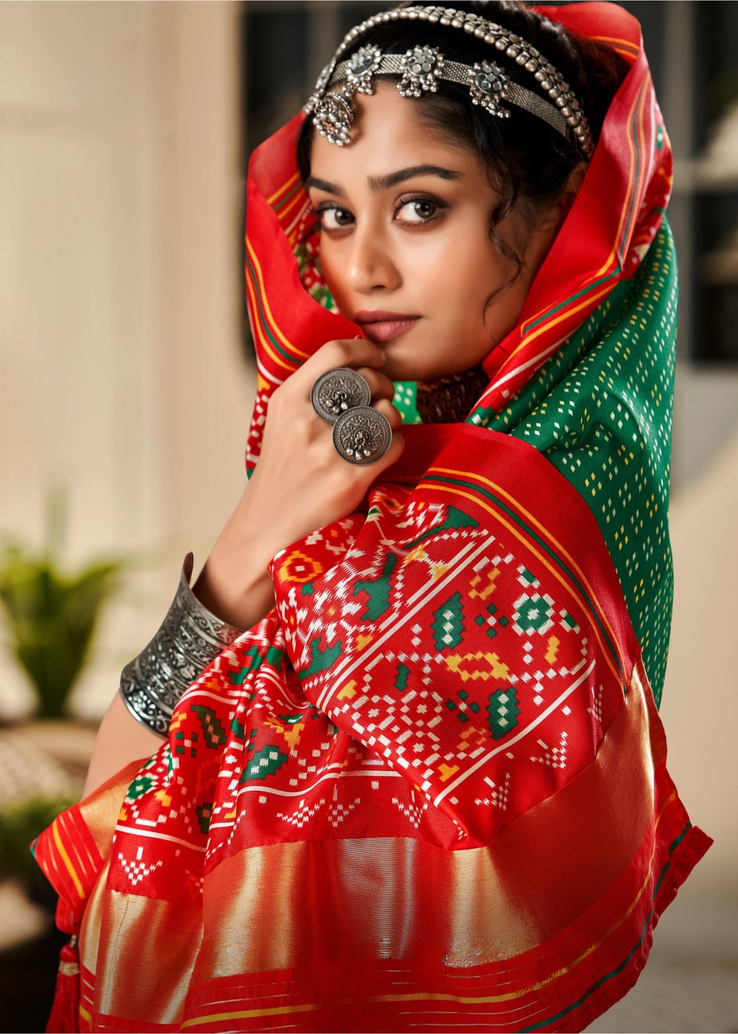 Red and Green Pure Tusser Patola Saree
