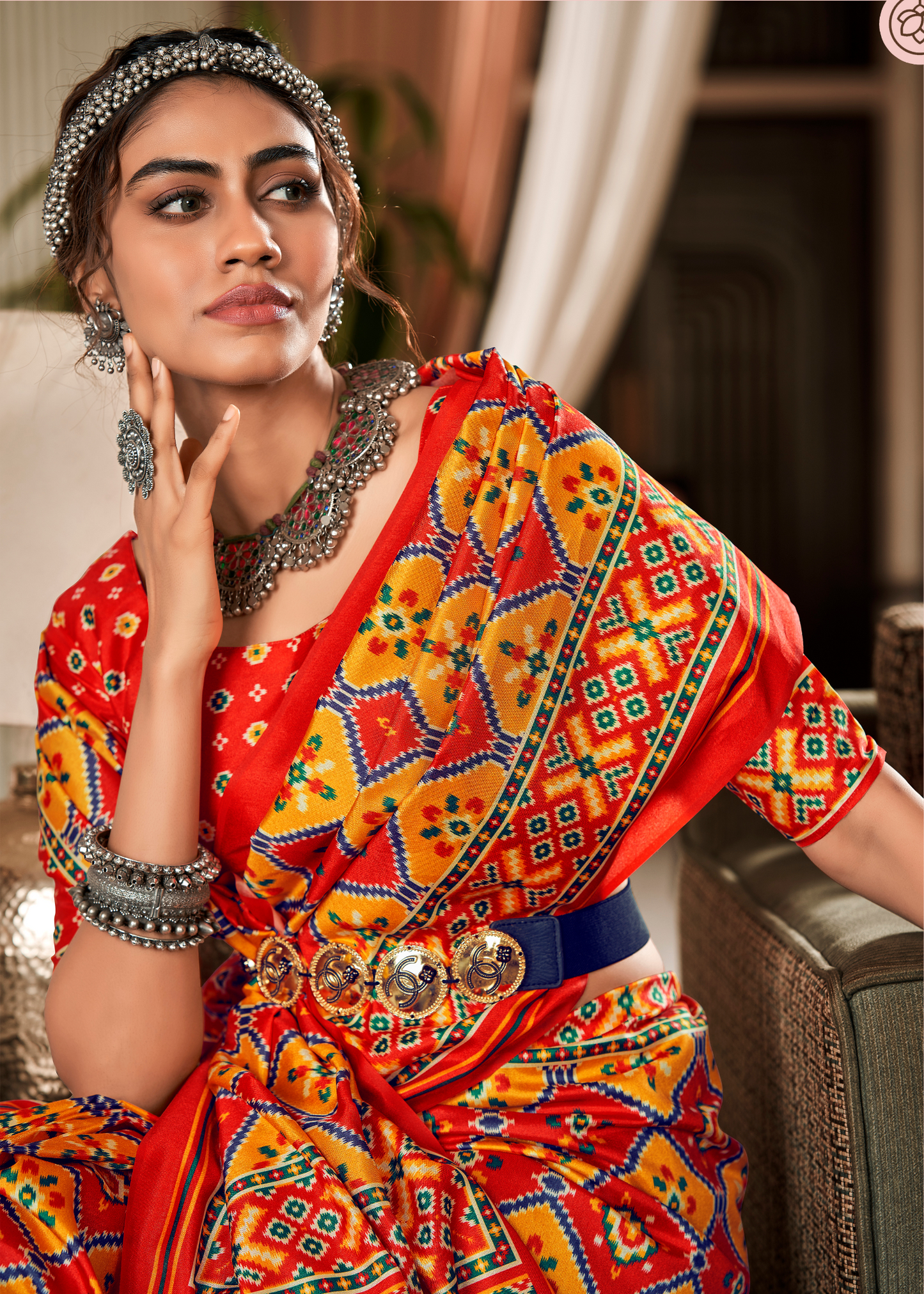 Red and Yellow Elora Ajrak Printed Patola Saree