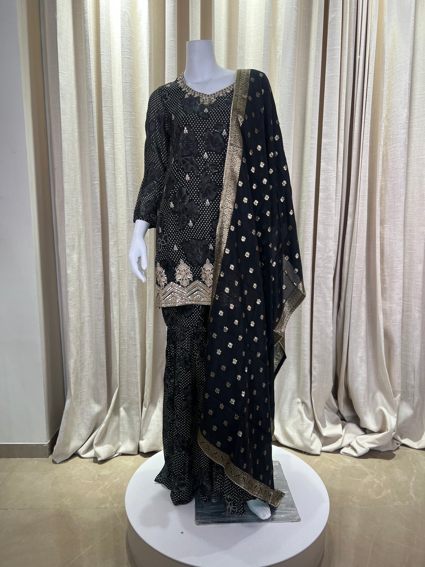 Regal Black Georgette Sharara Suit with Heavy Embroidery & Sequin Work