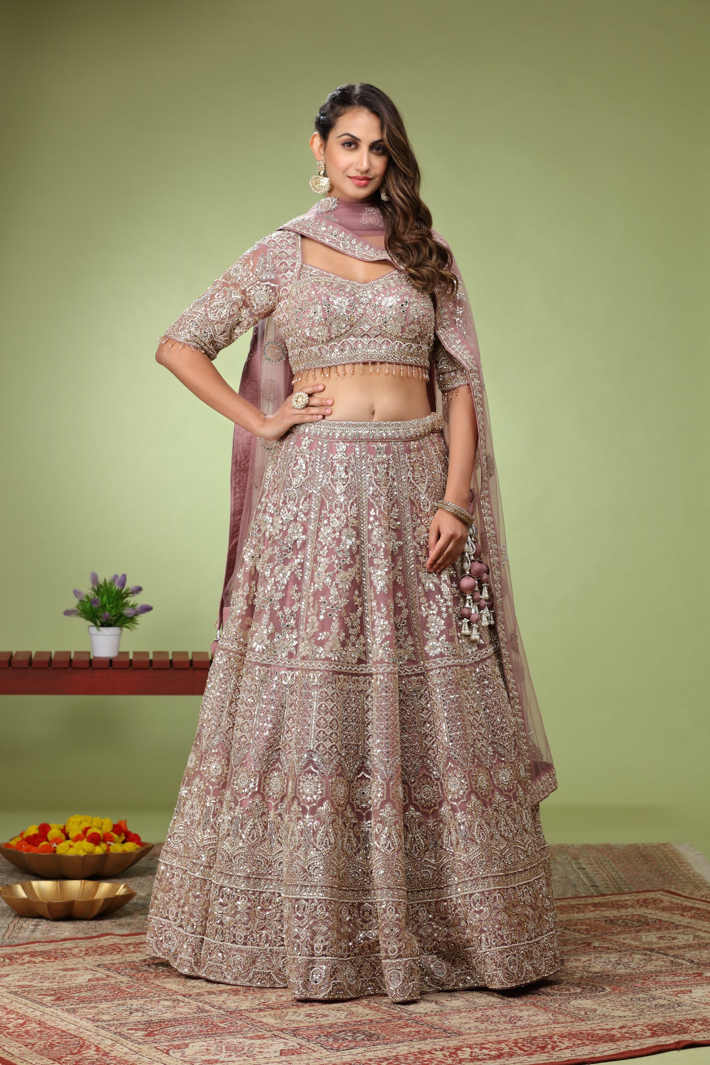 Rose Quartz Pink Sequenced workExclusive Bridal Net Lehenga Choli