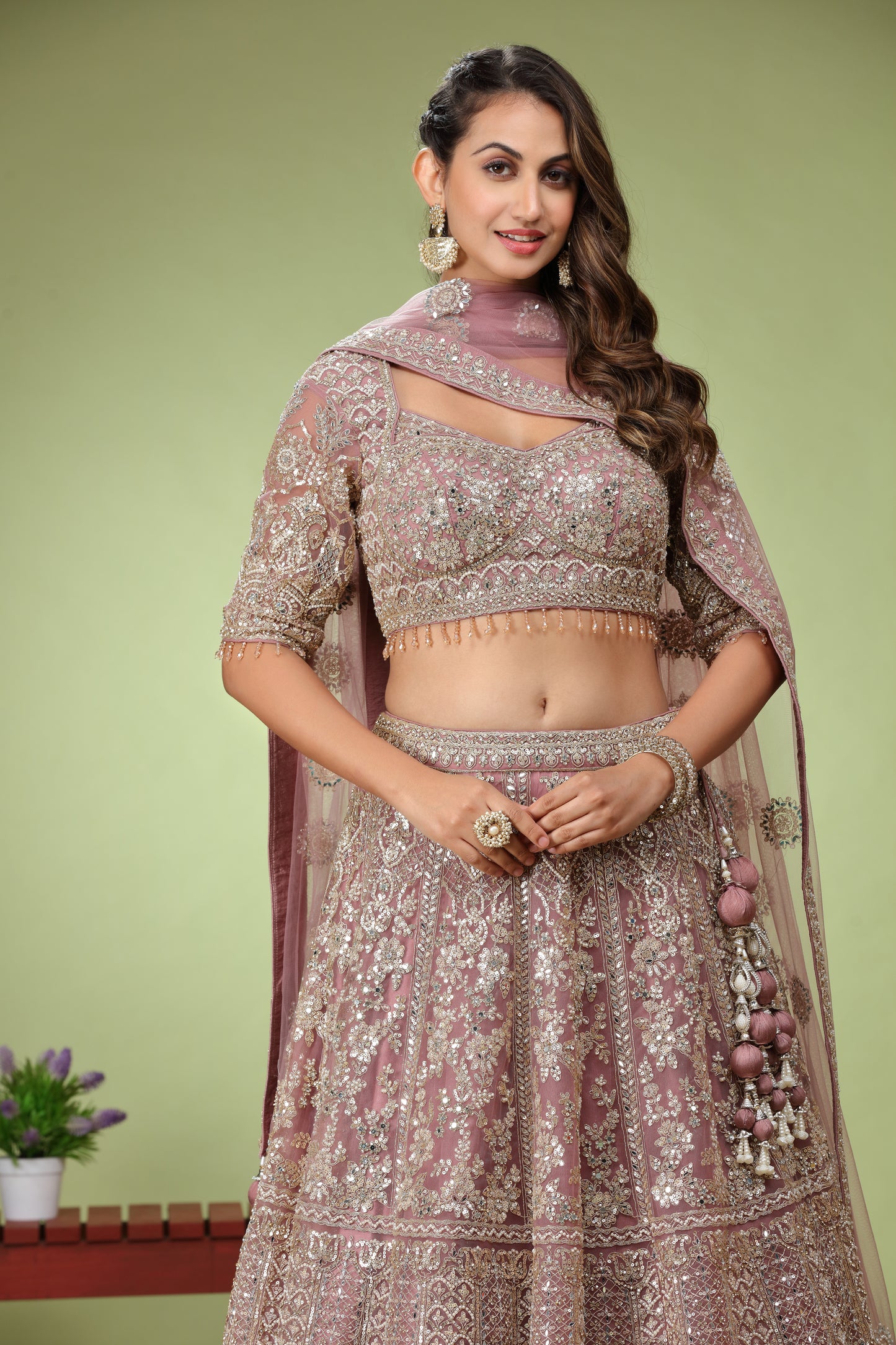 Rose Quartz Pink Sequenced workExclusive Bridal Net Lehenga Choli