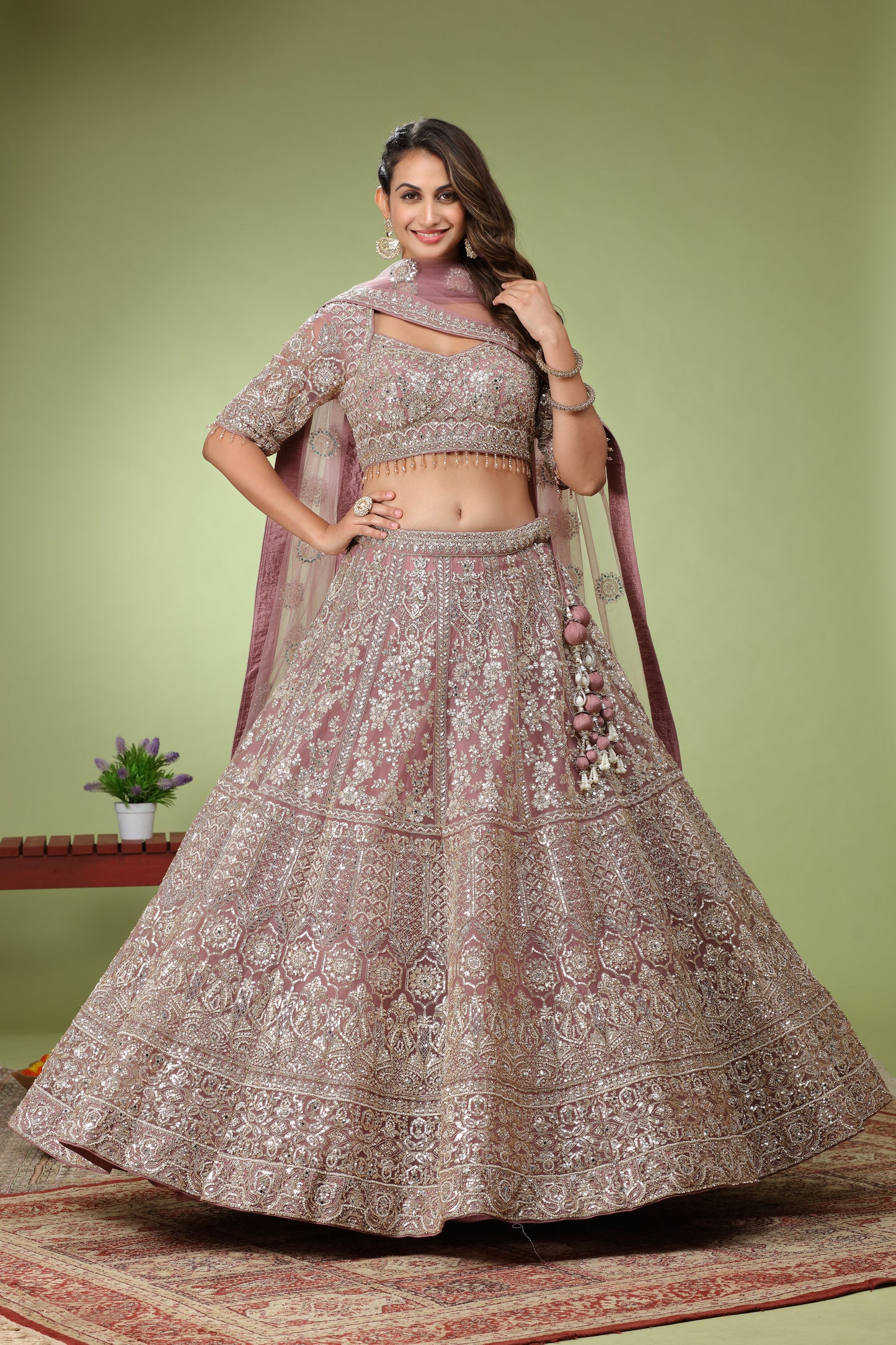 Rose Quartz Pink Sequenced workExclusive Bridal Net Lehenga Choli