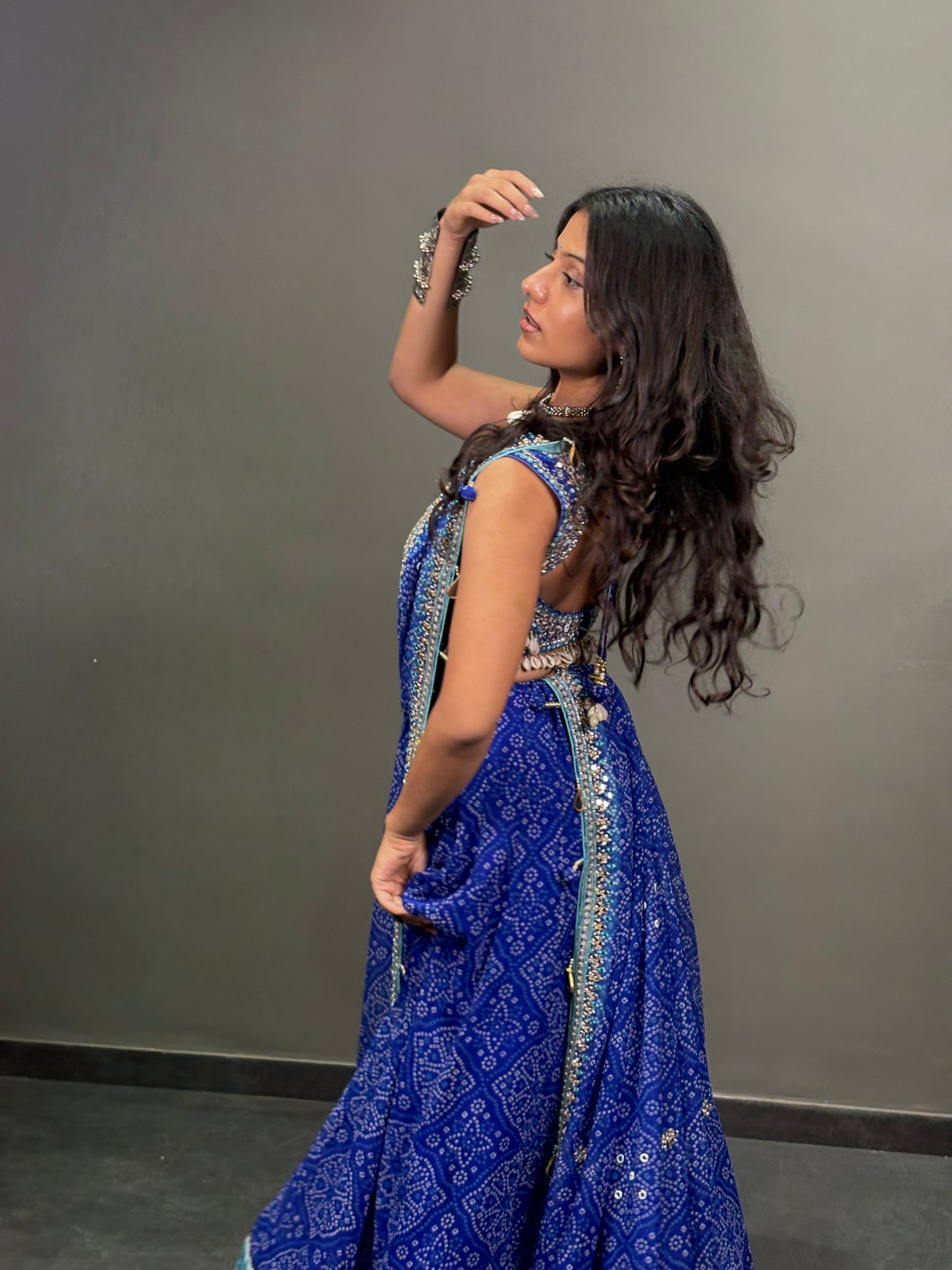 Royal Blue Bandhani Lehenga Choli with Mirror Work and Embellished Blouse