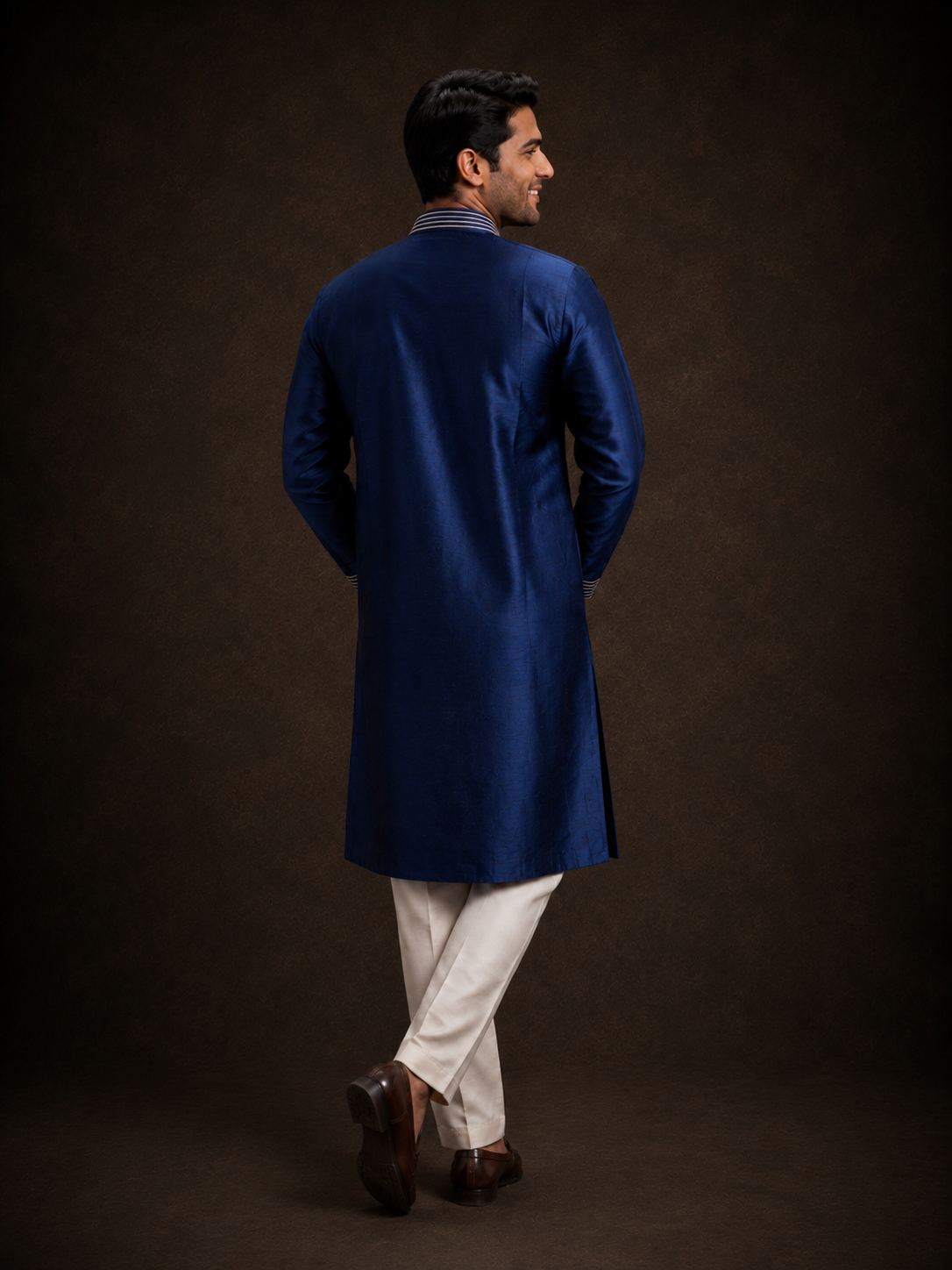 Royal Blue Embroidered Kurta for Men with Floral Thread Work and Mandarin Collar