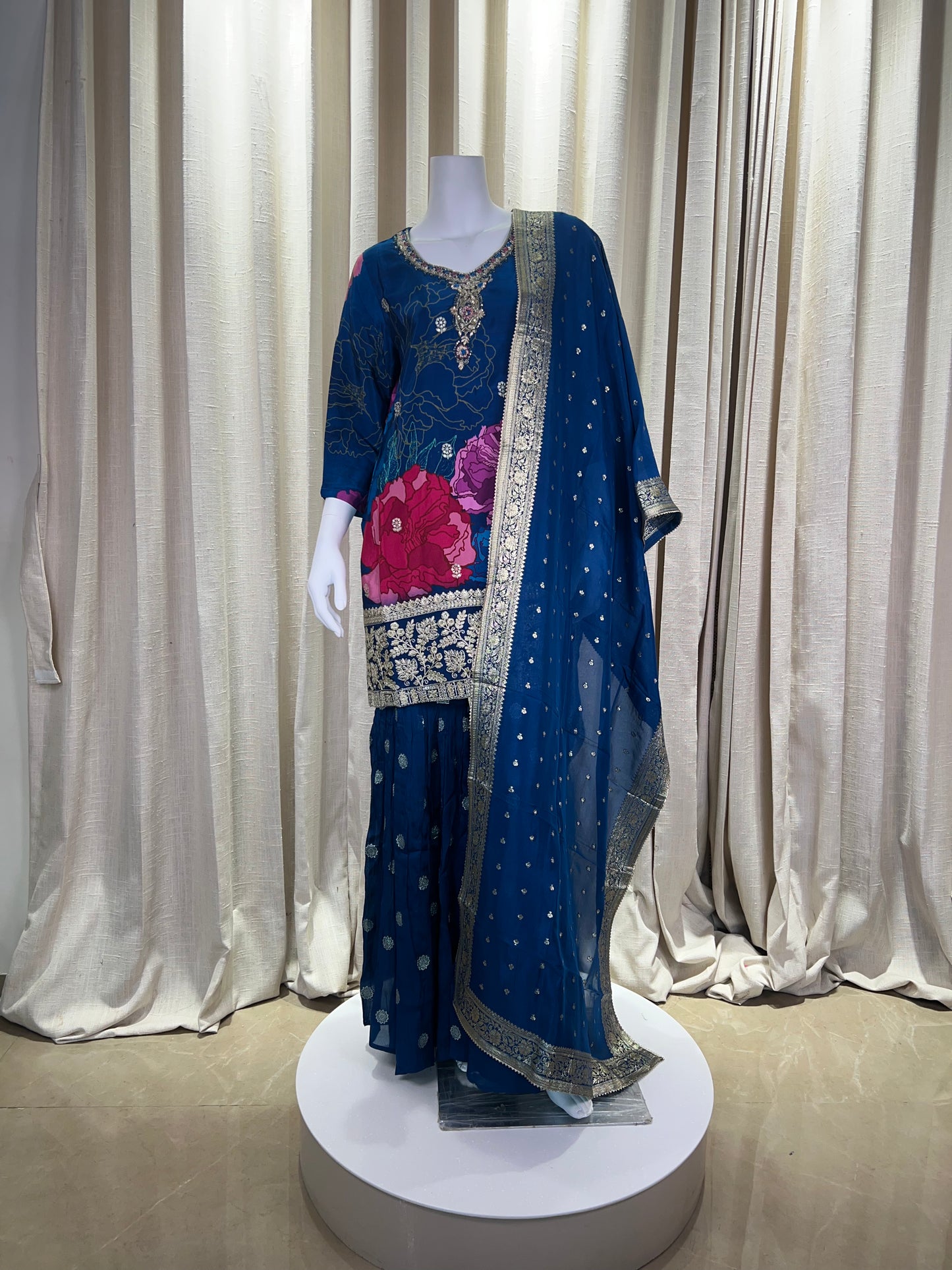 Royal Blue Floral Sharara Suit with Embellished Dupatta & Intricate Embroidery