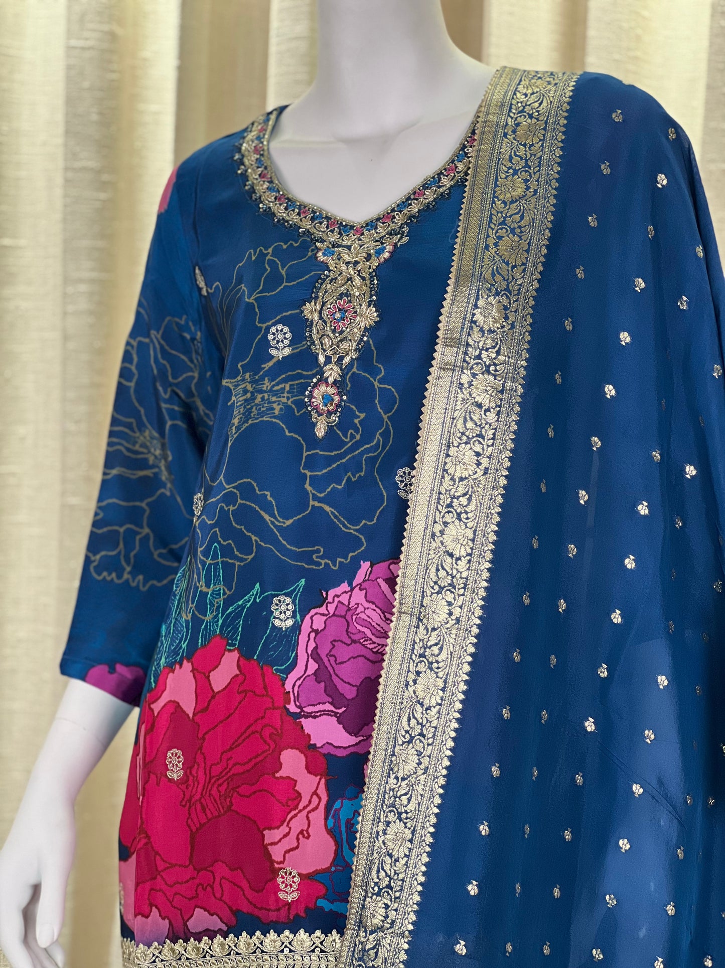 Royal Blue Floral Sharara Suit with Embellished Dupatta & Intricate Embroidery