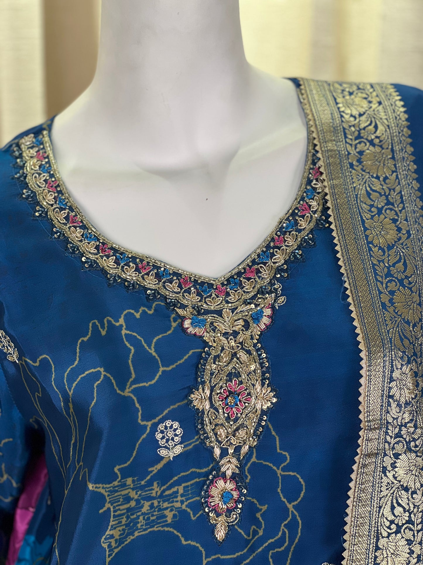 Royal Blue Floral Sharara Suit with Embellished Dupatta & Intricate Embroidery