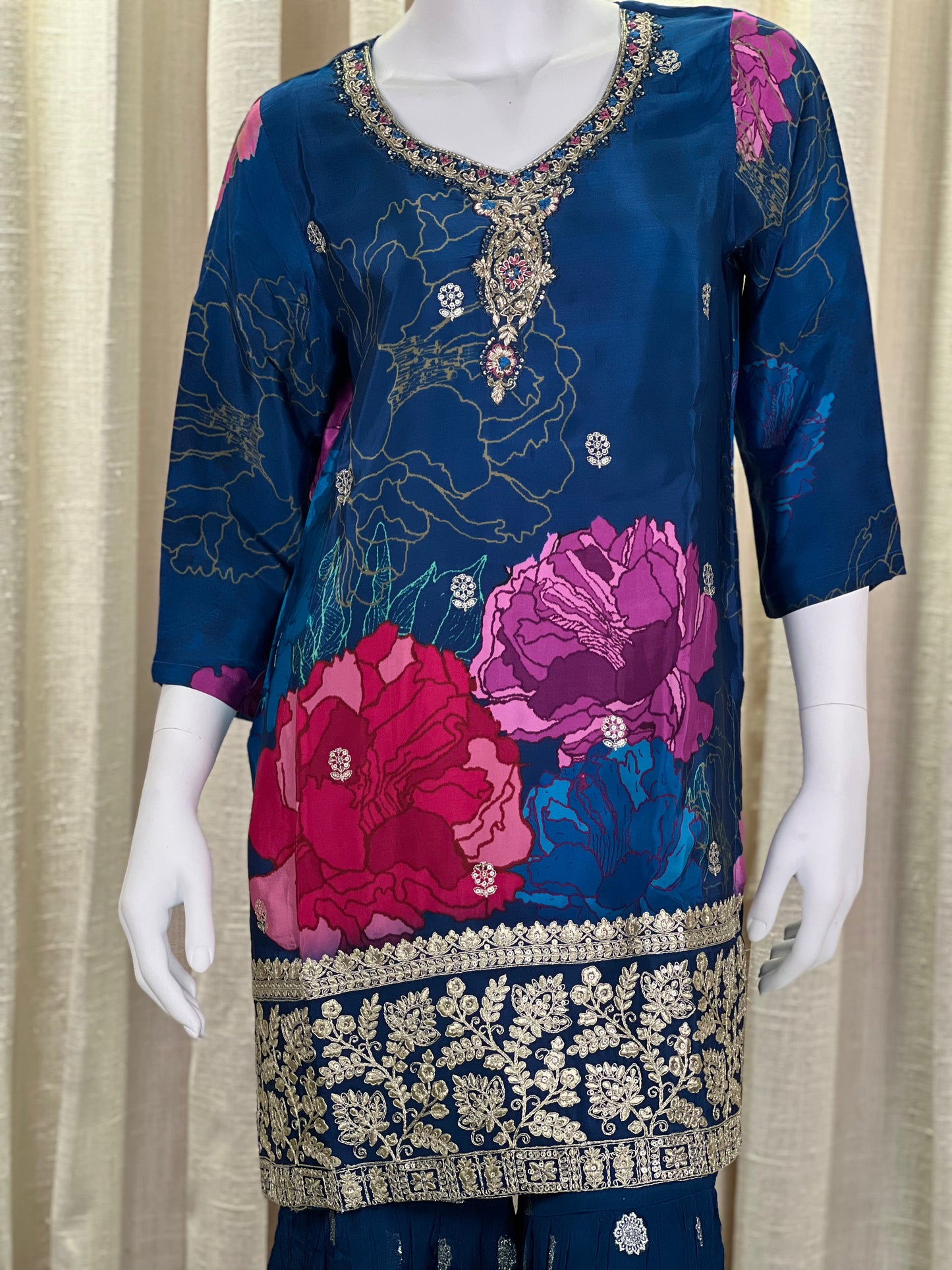 Royal Blue Floral Sharara Suit with Embellished Dupatta & Intricate Embroidery