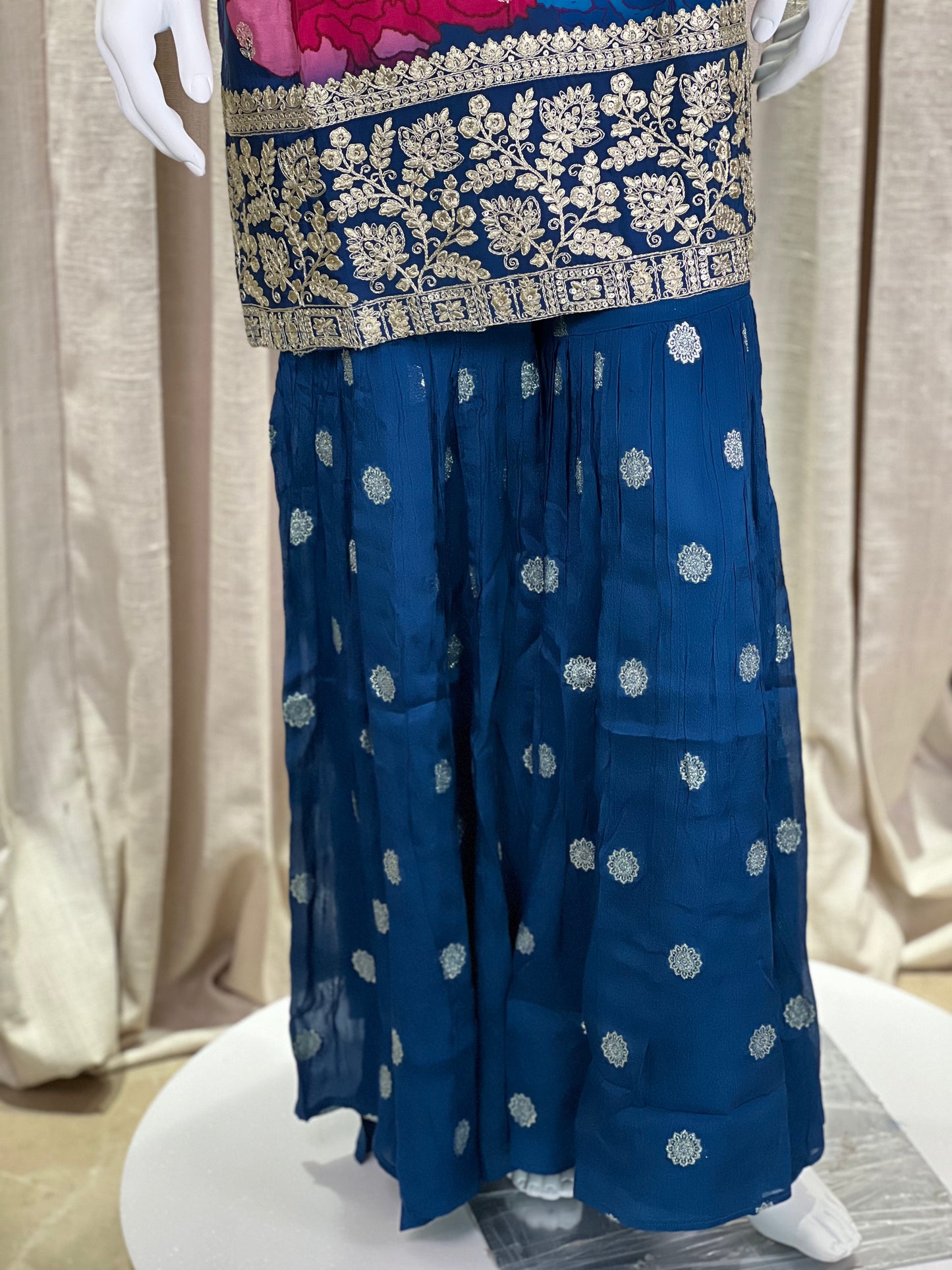 Royal Blue Floral Sharara Suit with Embellished Dupatta & Intricate Embroidery