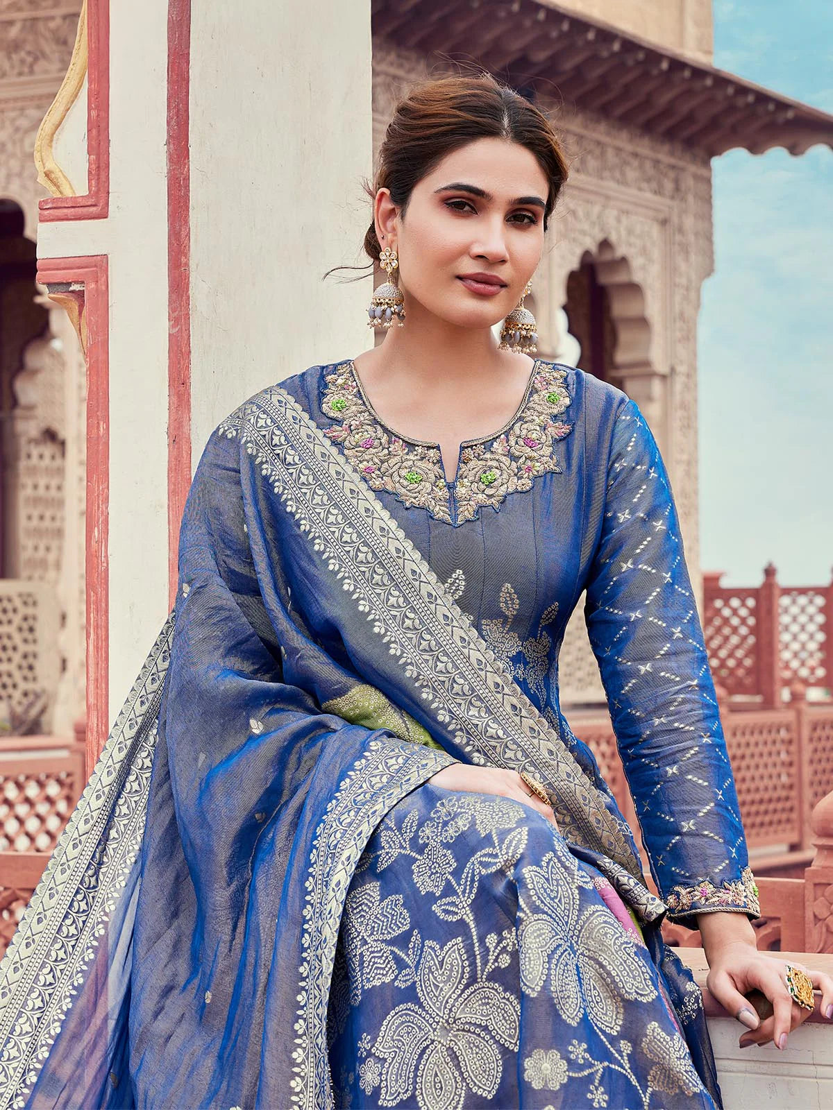 Royal Blue Jacquard Anarkali Set