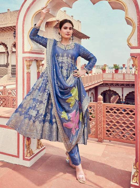 Royal Blue Jacquard Anarkali Set
