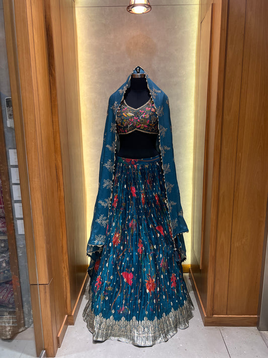 Royal Blue Lehenga with Flora Printed