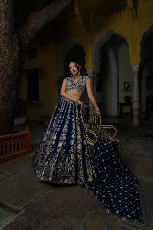 Royal Blue Silk Lehenga Set with Silver Zari Embroidery