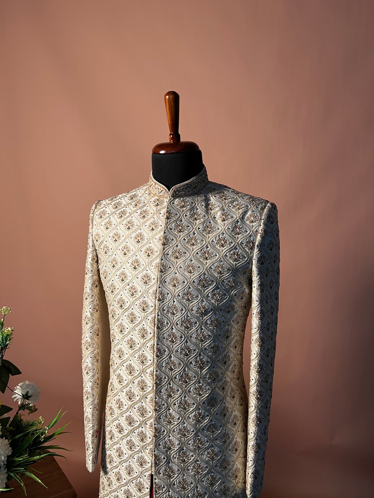Royal Ivory Embroidered Sherwani with Maroon Kurta Ensemble