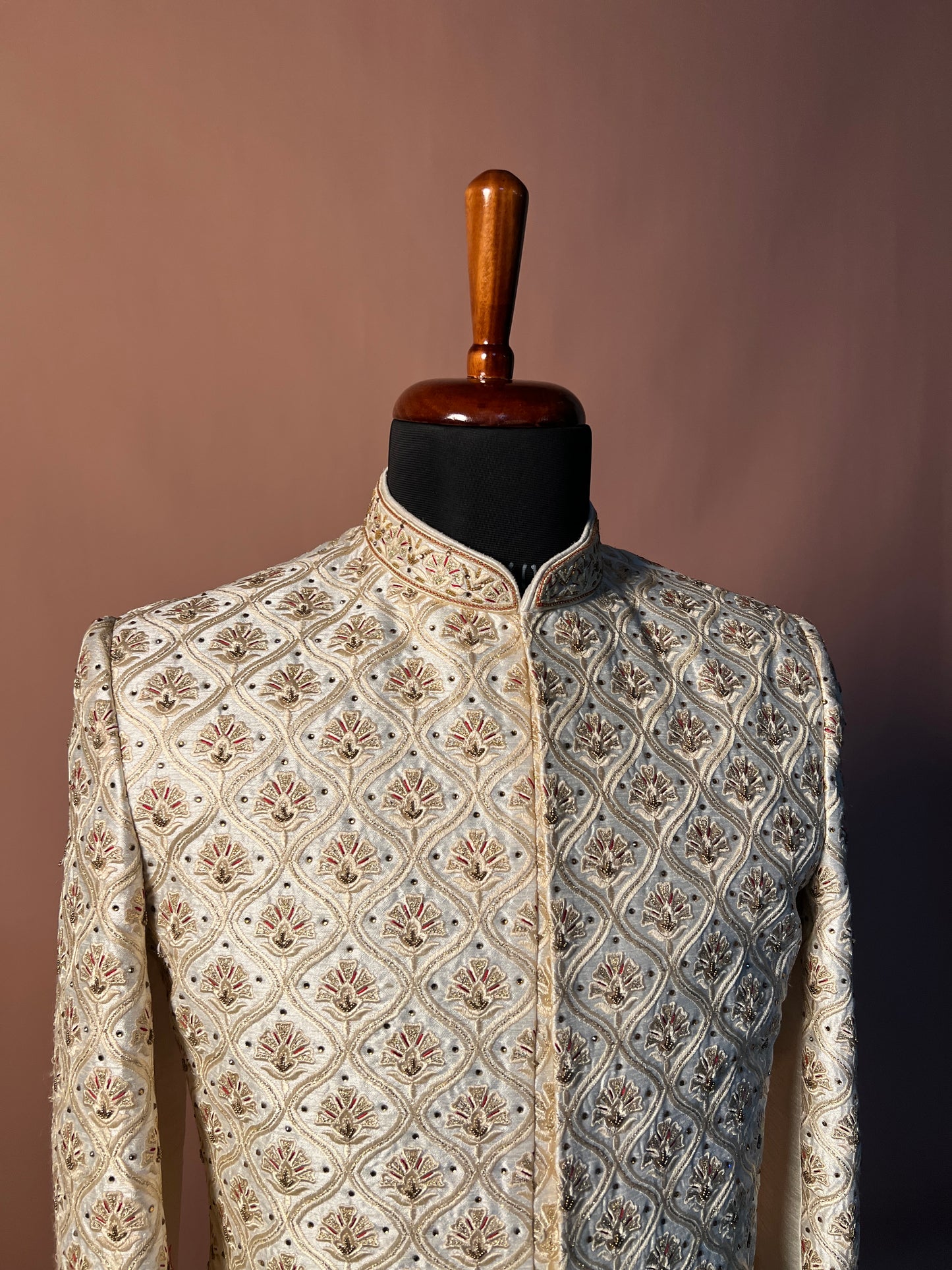 Royal Ivory Embroidered Sherwani with Maroon Kurta Ensemble