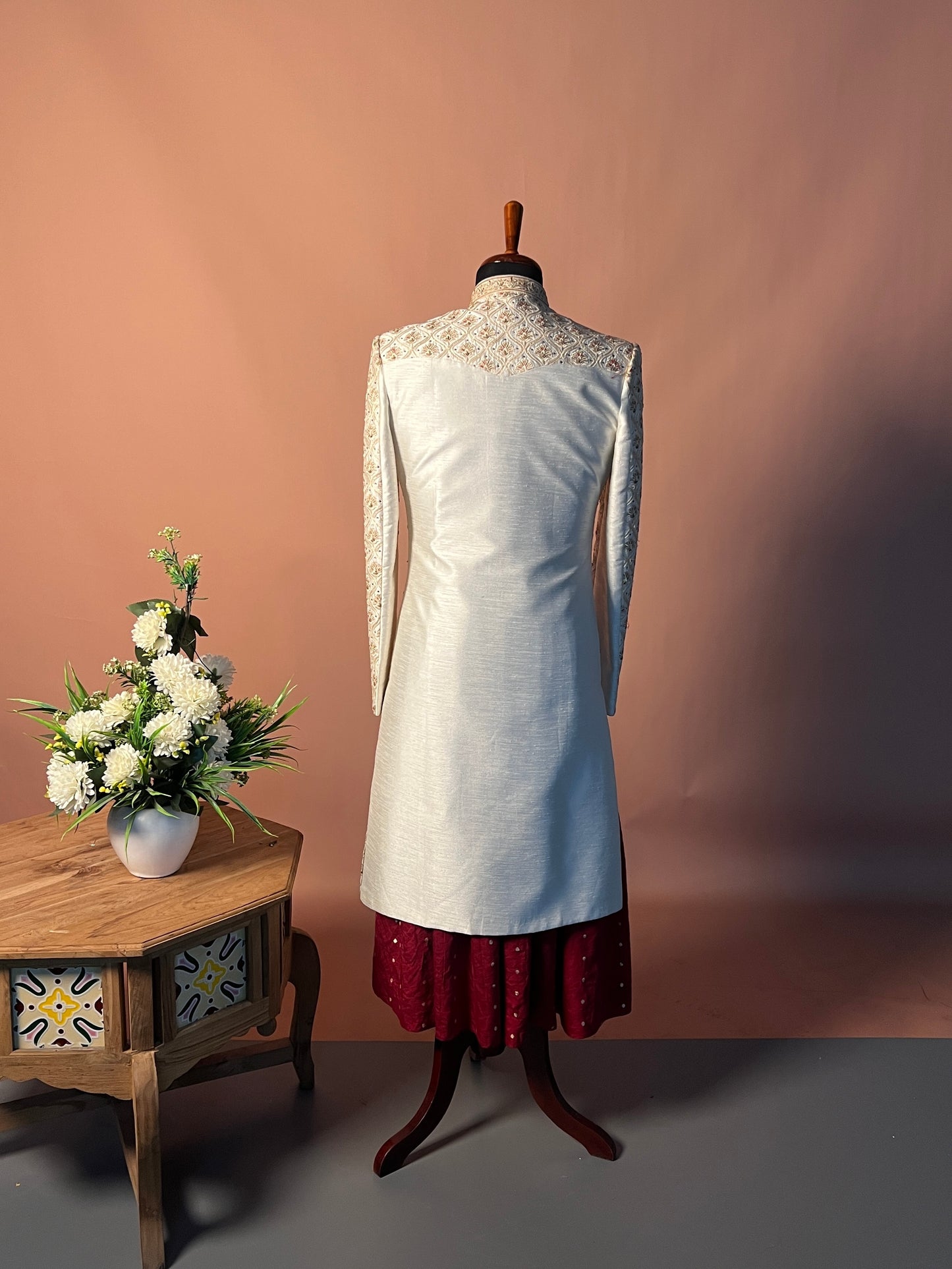 Royal Ivory Embroidered Sherwani with Maroon Kurta Ensemble