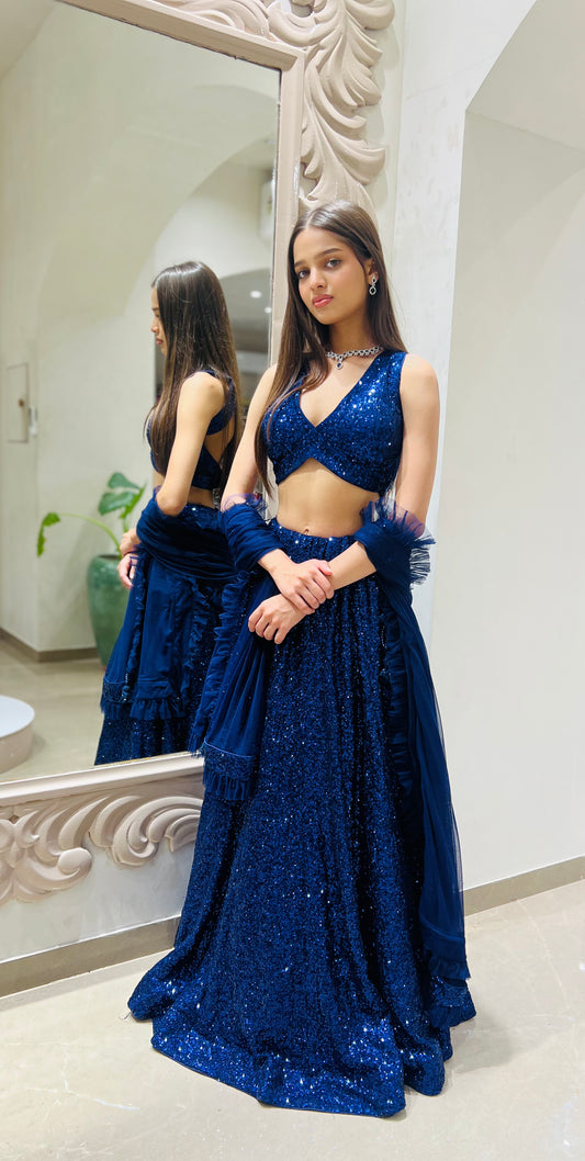 Electric Blue Sparkle Sequin Lehenga Choli Set