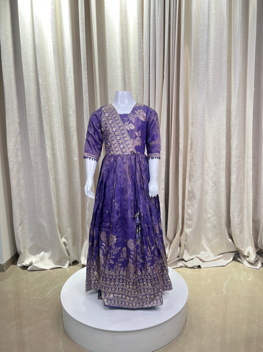 Royal Purple Brocade Anarkali Gown for Girls