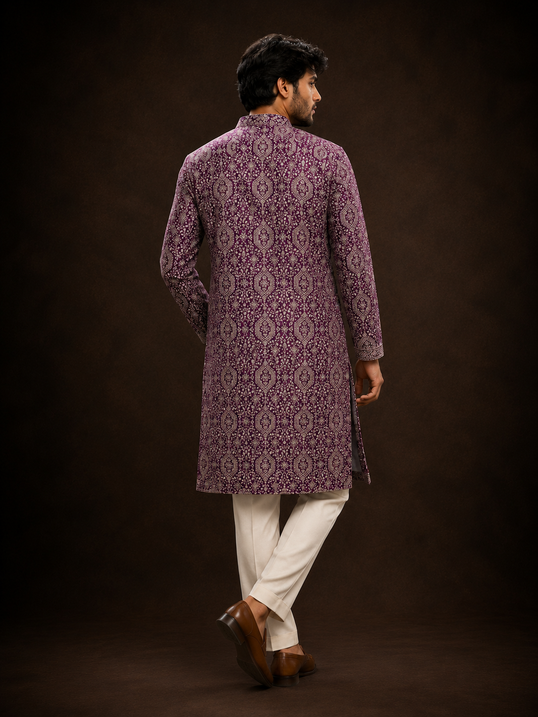Royal Purple Printed Kurta for Men with Traditional Paisley Motif Design